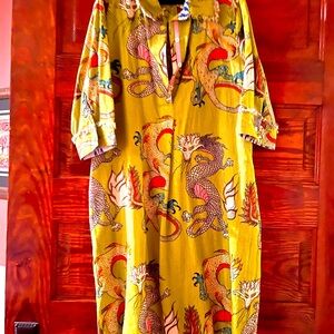Great Linen Lime Green Dress with dragon print, boutique purchase